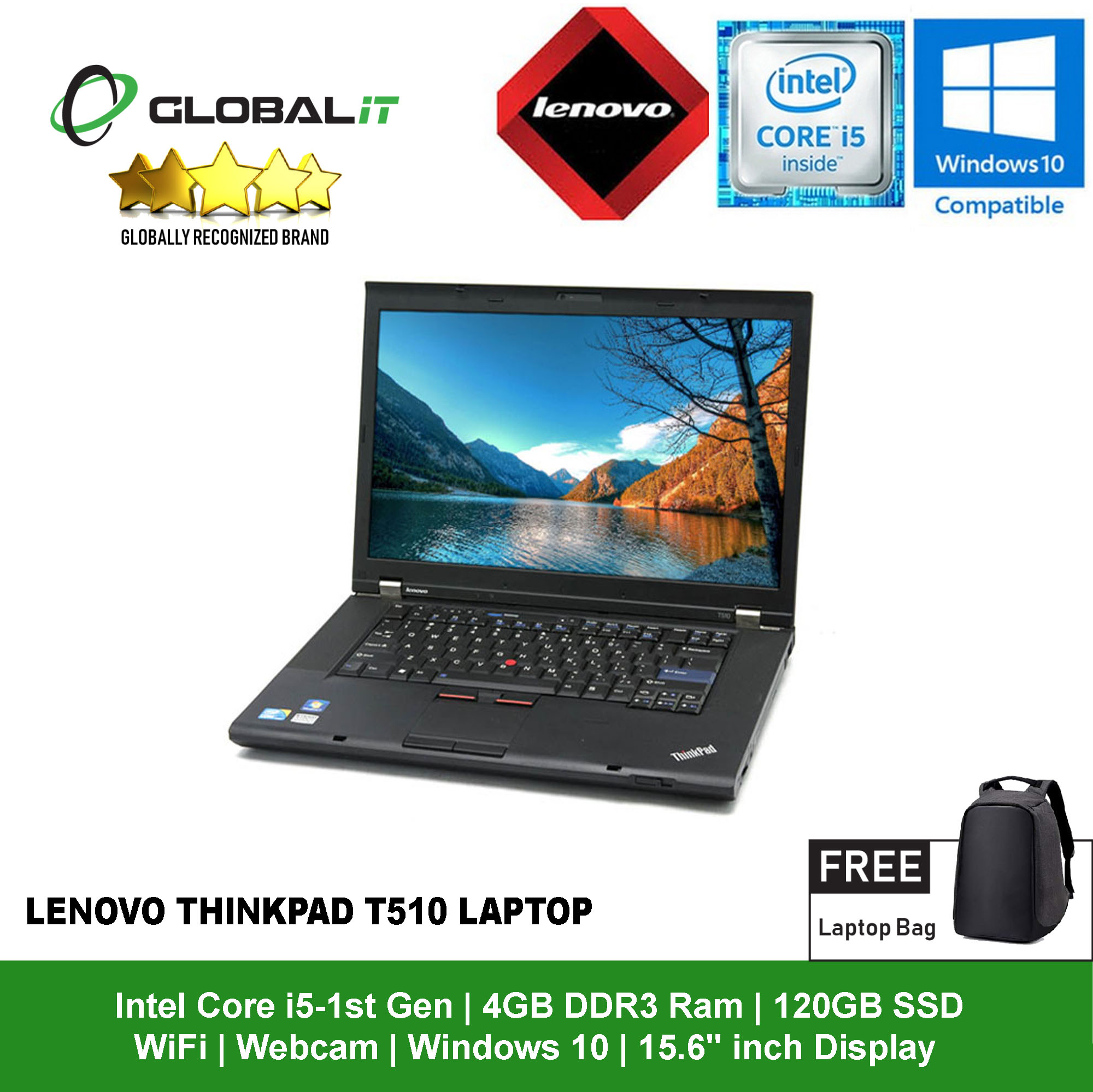 Thinkpad T510 Laptop Intel Core i5-1st Gen 15.6" Display / Windows 10 (Refurbished) - Global Group